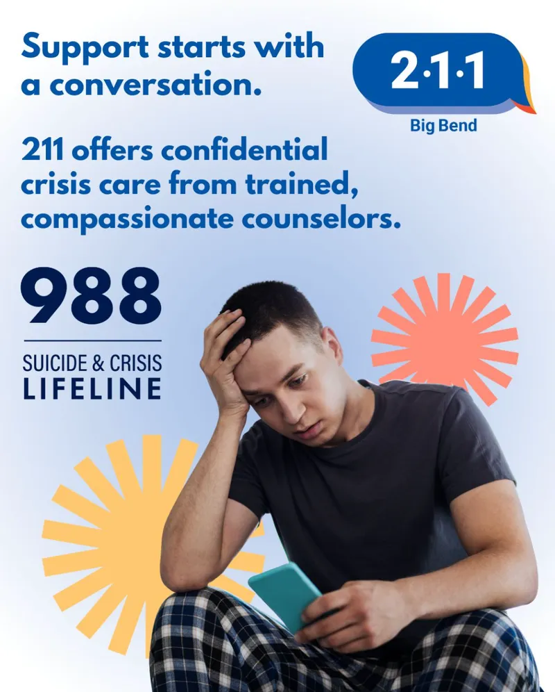 211 Big Bend graphic: "Support starts with a conversation," promoting confidential crisis counseling and the 988 Suicide & Crisis Lifeline