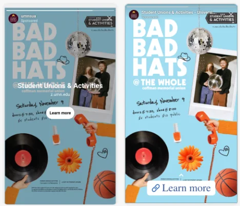 Instagram story ads for the Bad Bad Hats show at the Whole Music Club, Saturday, November 9