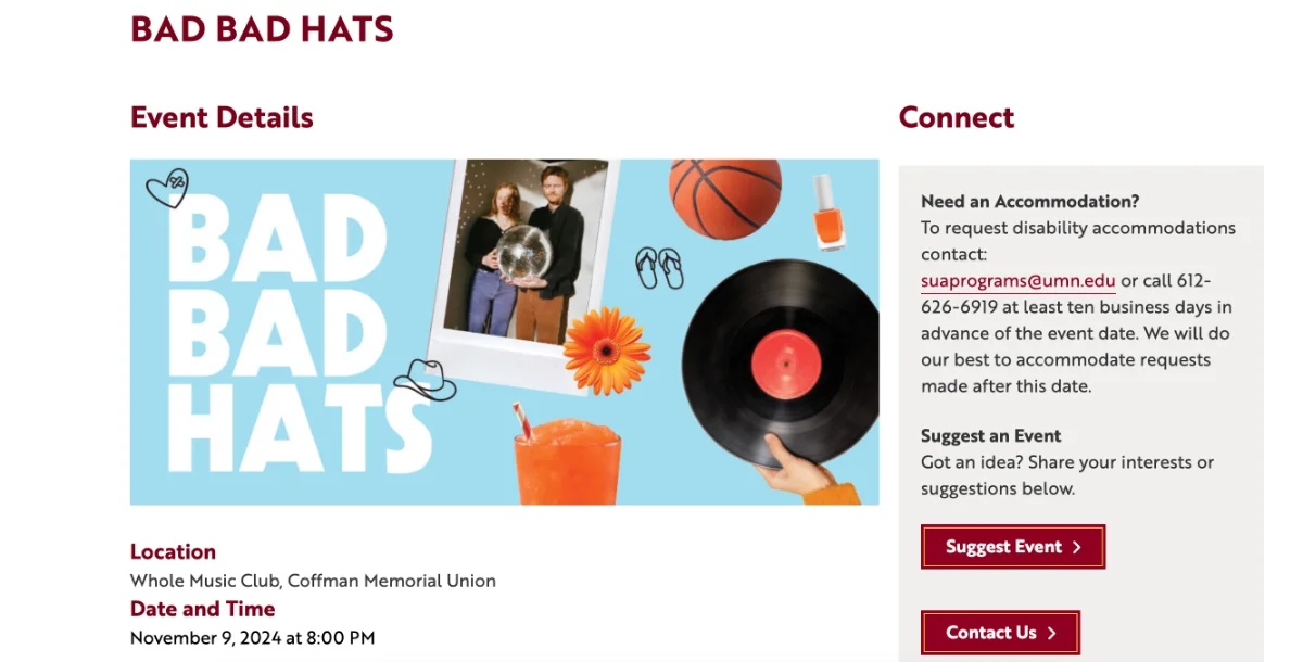 Bad Bad Hats event page on the Student Unions & Activities website, with show details and a retro collage graphic