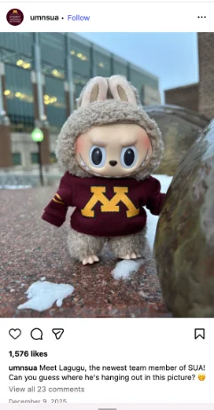 Instagram post of the Labubu mascot Lagugu in a Minnesota Gophers sweater on campus, 1,576 likes