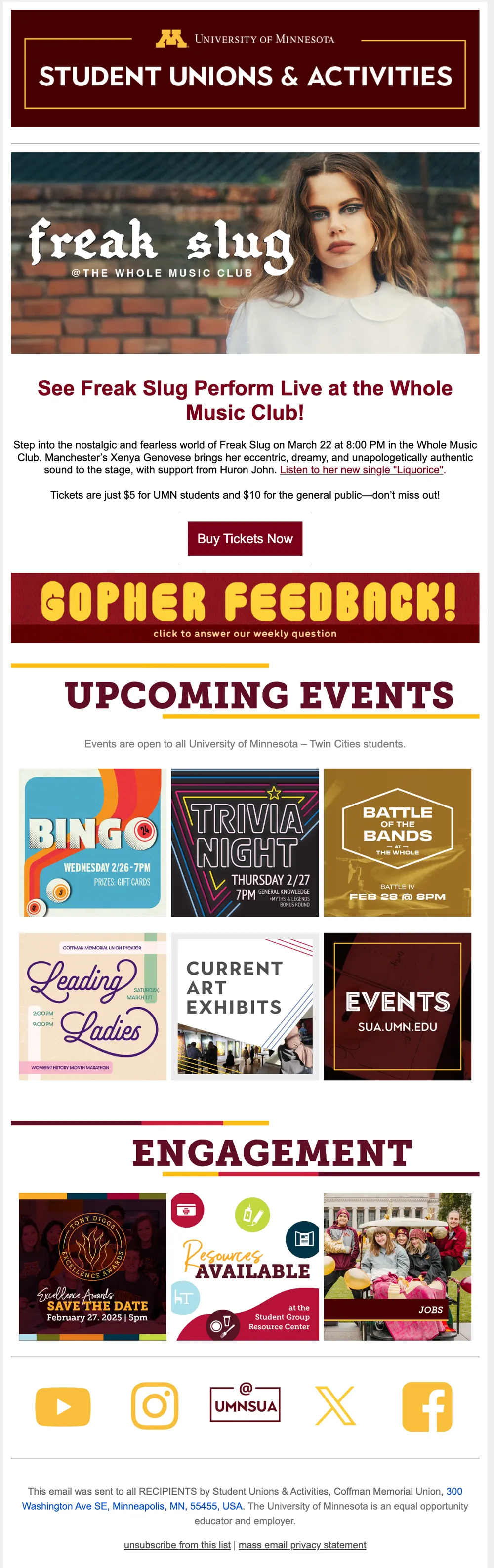 Student Unions & Activities weekly newsletter featuring a Freak Slug concert, upcoming events, and engagement opportunities
